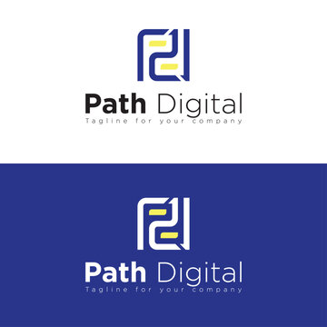 Abstract Initial Letter D and P Logo. Blue and Yellow Geometric Shape. Usable for Business and Technology Logos. Flat Vector Logo Design Template