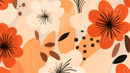 Wall Mural - Autumn background with abstract flowers and leaves. Hand drawn illustration.