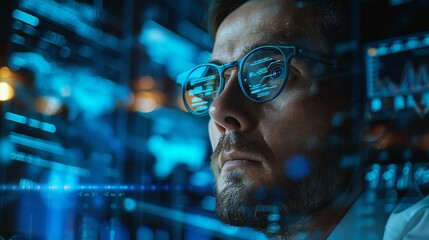 A man wearing glasses is looking at a computer screen with a blue background. Concept of focus and concentration as the man stares intently at the screen. The blue background adds a sense of depth