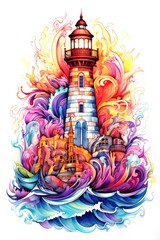 Colorful lighthouse mandala art on white background.