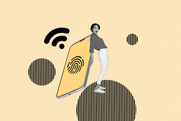 Poster - artwork collage of mini excited black white colors girl hold big smart phone display fingerprint pro