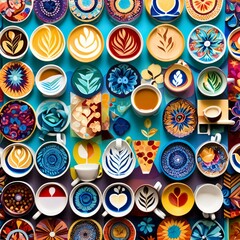 Wall Mural - An abstract art background image wallpaper of a colorful mosaic of coffee cups, with different patterns and designs