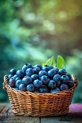 Wall Mural - Wicker basket with freshly picked blueberry on a wooden table against a natural blurred background. Healthy lifestyle concept. Copy space.