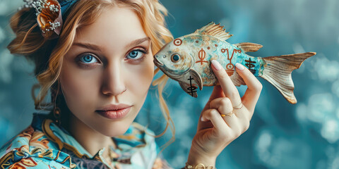Poster - Portrait of a young beautiful woman astrologer or fortune teller holding a miniature symbol of pisces fishes, horoscope zodiac sign concept, horoscope prediction.