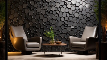 Wall Mural - The walls are made of old patterned brownish black iron plates, with soft chairs, tables and flower beds.