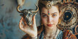 Portrait of a young pretty woman astrologer or fortune teller holding a miniature symbol of Taurus, horoscope zodiac sign concept, horoscope prediction, copy space.