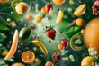 fresa aislada fondo blur frutas tropicales en fondo verde, frutas frescas, kiwi platano, mango naranja jugo antioxidante, dieta de zumos detox 