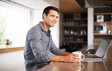 Aufkleber - Home, coffee or man on laptop thinking of research, article post ideas or networking for remote work. Email, drinking tea or person on typing online on technology for digital blog or news on website