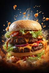 Juicy cheeseburger with lettuce, tomato, onion, beef patty and melted cheese. Generative AI