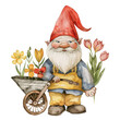 Cheerful watercolor illustration of a gnome with a wheelbarrow full of vibrant spring flowers.