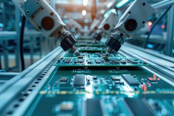 Poster - Printed circuit board assembly process. Conveyor with robotic arms in electronics factory. Semiconductor manufacturing industry