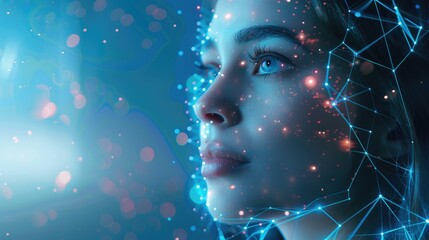 Head of woman with on futuristic background. Artificial intelligence, people and technology concept.