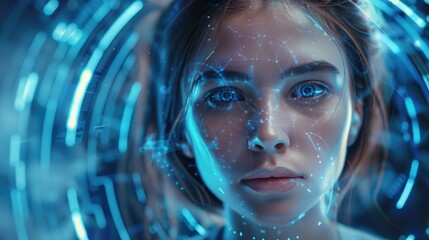 Leinwandbilder - Head of woman with on futuristic background. Artificial intelligence, people and technology concept.