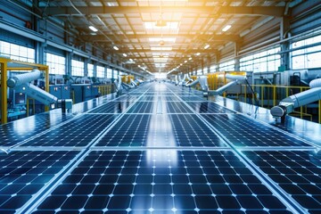 Fototapete - Industrial robotic arm on a production line in a modern solar panel factory