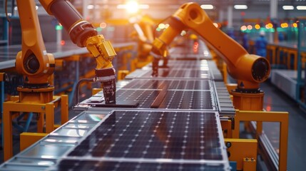 Wall Mural - Industrial robotic arm on a production line in a modern solar panel factory