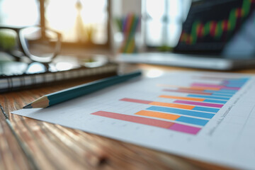 Graph charts that are 3D models are inside the office. Show financial balance. AI generated