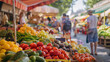 A bustling scene at a farmer's market filled with colorful stalls of fresh produce, smiling vendors, and shoppers browsing for organic delights, evoking feelings of abundance and community connection.