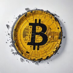 broken golden bitcoin on white
