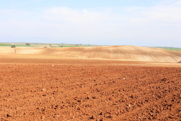 Fototapete - Agricultural field ploughed in spring. Arable land ready for the next cultivation season