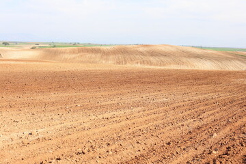 Fototapete - Agricultural field ploughed in spring. Arable land ready for the next cultivation season