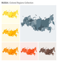 Fototapete - Russia map collection. Country shape with colored regions. Blue Grey, Yellow, Amber, Orange, Deep Orange, Brown color palettes. Border of Russia with provinces for your infographic.