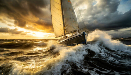 Wall Mural - Bottom view of a modern sailing boat braving the waves of a wild stormy sea, in the background dramatic sky with storm clouds at sunrise or sunset. Generative Ai.