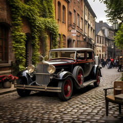 Sticker - Vintage car parked on a cobblestone street.