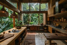 Kitchen Room With Primitive Interior Design And See View Garden. Generative AI