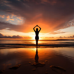 Poster - Yoga on a peaceful beach at sunrise. 