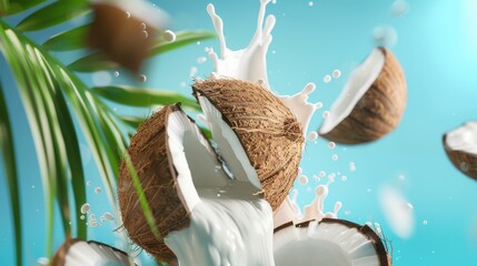 Wall Mural - Fresh coconut milk splash and palm leaves create a bright sky background. Cracked coconut nuts on milk splash with tropical exotic blue sky background for food sweets, spa cosmetics or cream packaging