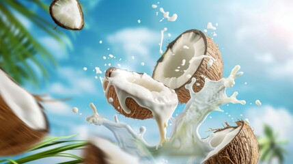 Wall Mural - Fresh coconut milk splash and palm leaves create a bright sky background. Cracked coconut nuts on milk splash with tropical exotic blue sky background for food sweets, spa cosmetics or cream packaging