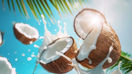 Wall Mural - Fresh coconut milk splash and palm leaves create a bright sky background. Cracked coconut nuts on milk splash with tropical exotic blue sky background for food sweets, spa cosmetics or cream packaging