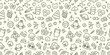Seamless hand drawn kid doodle pattern. Cute scribble set of sun, flower, smile, heart, animal, cloud, star, rainbow, fruit. Vector trendy sketch childish elements for stickers, patterns, banners.