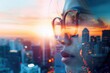 © Max Yamuna - Closeup photo of stylish cute businesswoman wearing glasses and looking city. Double exposure, panoramic view contemporary megalopolis background. Space for your business message. Wide, sunset effect