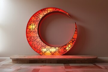 icon Ramadan lantern with crescent moon and podium as luxury islamic background greeting card design