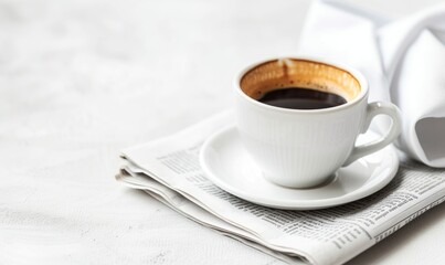 Wall Mural - Cup of coffee in white cup on table with white blanket. Coffee theme.