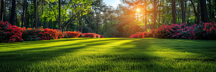 Poster - The suns golden rays stream through a canopy of leafy trees in a tranquil park, illuminating the lush greenery and casting a warm glow on the peaceful scene