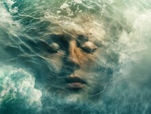 A Serene Face Partially Submerged In Bubbly Turquoise Water, Depicting Calm And Relaxation.