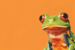 frog or turtle cartoon illustration, graphic banner with orange background and copyspace