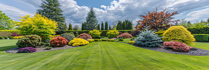 Poster - A vibrant and diverse array of trees and shrubs fill a lush green yard, creating a picturesque scene of natural beauty and tranquility