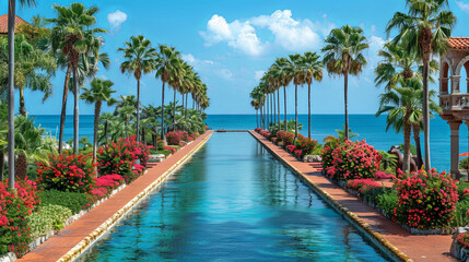 Poster - A serene scene of a large pool surrounded by lush palm trees, overlooking the vast ocean on a sunny day