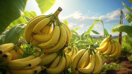 Wall Mural - Bunches of bananas on amazing sunny banana plantation.