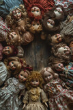 Fototapeta Uliczki - Creepy dolls arranged in a circle a sinister ritual left unfinished