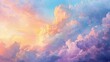 Sweeping panoramic skyscape at sunrise or sunset, filled with vibrant, soft-colored clouds