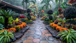 A winding stone pathway meanders through lush tropical plants and towering trees in a serene oasis setting