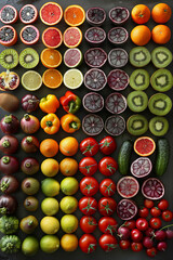 Poster - A vibrant array of assorted fruits and vegetables arranged on a rustic table, showcasing the beauty and abundance of natures bounty