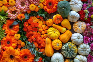 Sticker - Diverse assortment of vibrant flowers and pumpkins creating a colorful and lively botanical display in a harvest setting