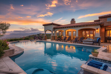Wall Mural - A luxurious villa with elegant outdoor lighting beside a pool with reflections under an orange sunset sky