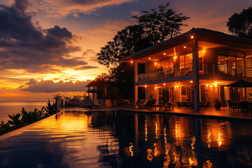 Wall Mural - A luxurious villa with elegant outdoor lighting beside a pool with reflections under an orange sunset sky