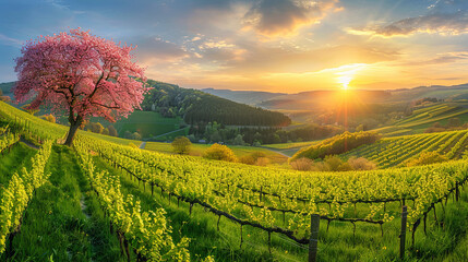 Poster - A majestic pink flowering tree stands tall in the center of a vibrant green vineyard, surrounded by lush grass and wildflowers under a clear blue sky